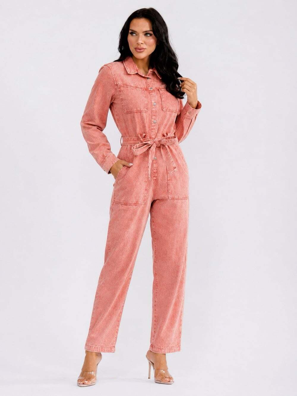 Women’s Coral Denim Utility Jumpsuit Belted Long Sleeve Wide Cotton Romper S